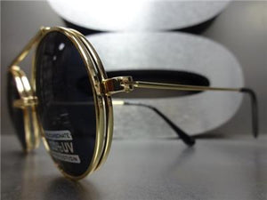 Old School Round Flip Up Sunglasses- Gold Frame/ Black Lens