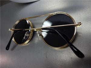Old School Round Flip Up Sunglasses- Gold Frame/ Black Lens
