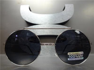 Old School Round Flip Up Sunglasses- Silver Frame/ Black Lens
