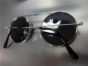 Old School Round Flip Up Sunglasses- Silver Frame/ Black Lens