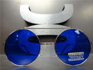 Old School Round Flip Up Sunglasses- Silver Frame/ Blue Lens