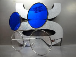 Old School Round Flip Up Sunglasses- Silver Frame/ Blue Lens
