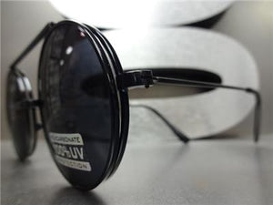 Old School Round Flip Up Sunglasses- Black Frame/ Black Lens