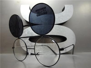 Old School Round Flip Up Sunglasses- Black Frame/ Black Lens