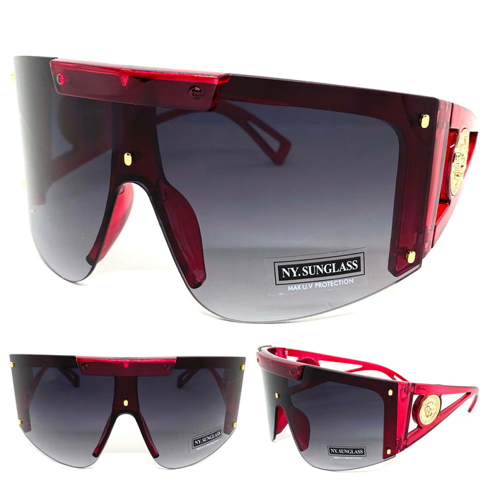 Oversized Classic Retro Luxury Shield Style SUNGLASSES Huge Burgundy Frame 9729