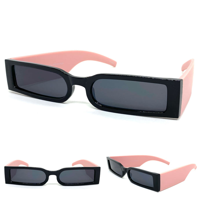 Futuristic Modern Retro Style SUNGLASSES Thin Rectangular Black & Pink Frame 80217