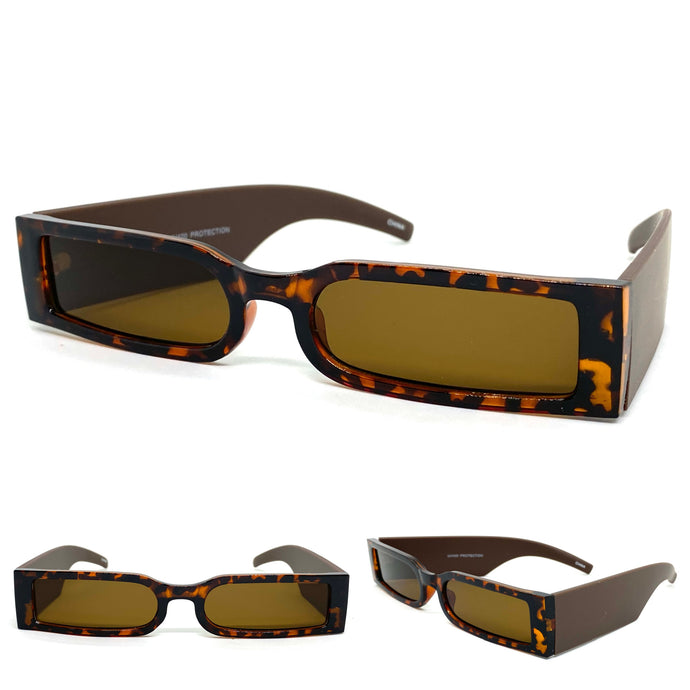 Futuristic Modern Retro Style SUNGLASSES Thin Rectangular Tortoise & Brown Frame 80217