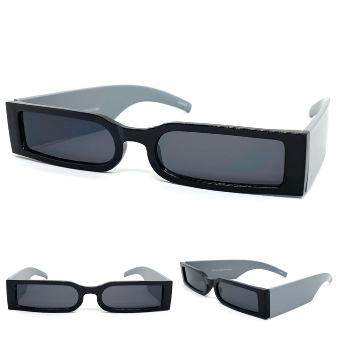 Futuristic Modern Retro Style SUNGLASSES Thin Rectangular Black & Gray Frame 80217