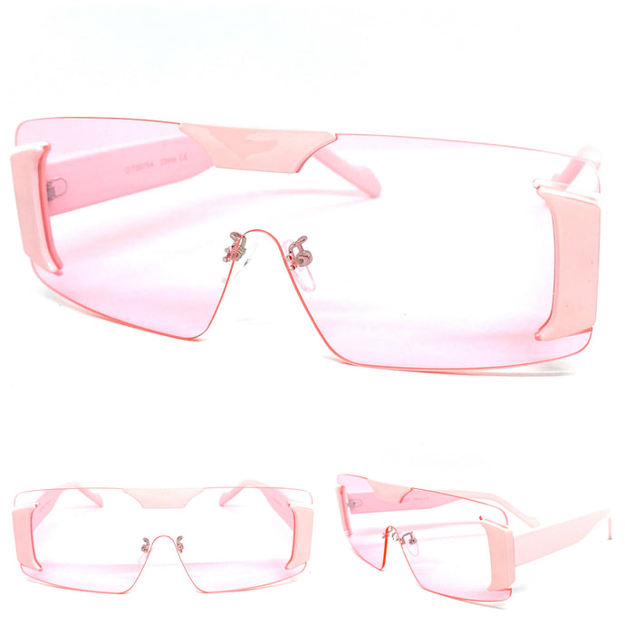 Futuristic Modern Retro Shield Style SUNGLASSES Large Pink Frame & Lens 58794