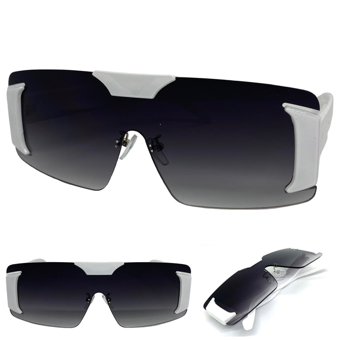 Futuristic Modern Retro Shield Style SUNGLASSES Large White Frame 58794