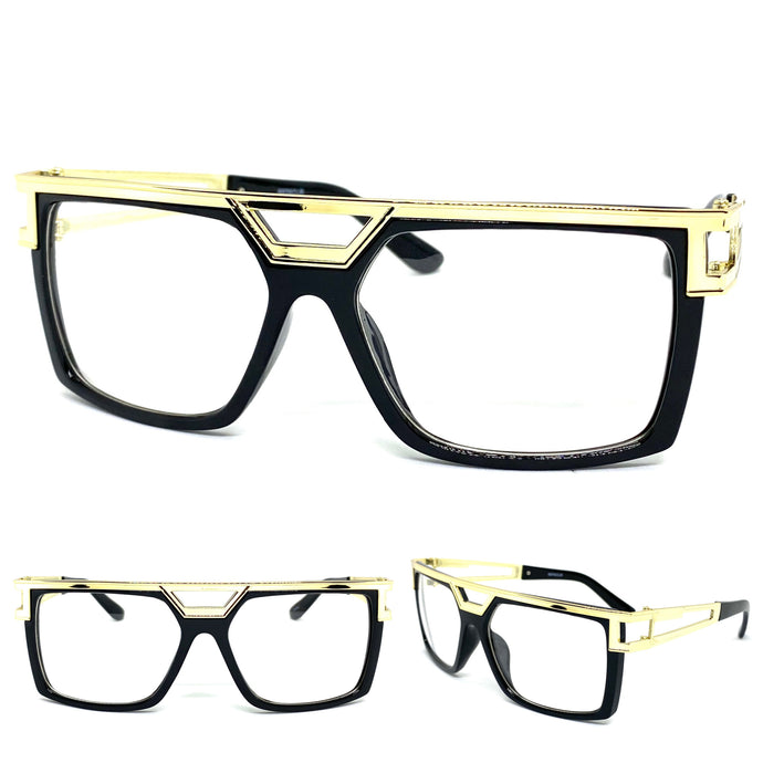 Oversized Retro Hip Hop Style Clear Lens EYEGLASSES Black & Gold Frame 8976