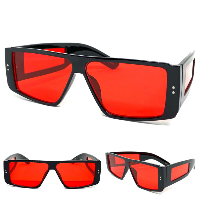 Futuristic Modern Retro Style SUNGLASSES Rectangular Black Frame Red Lens 6745