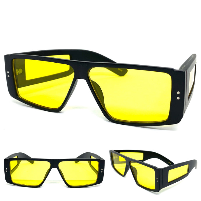 Futuristic Modern Retro Style SUNGLASSES Rectangular Black Frame Yellow Lens 6745