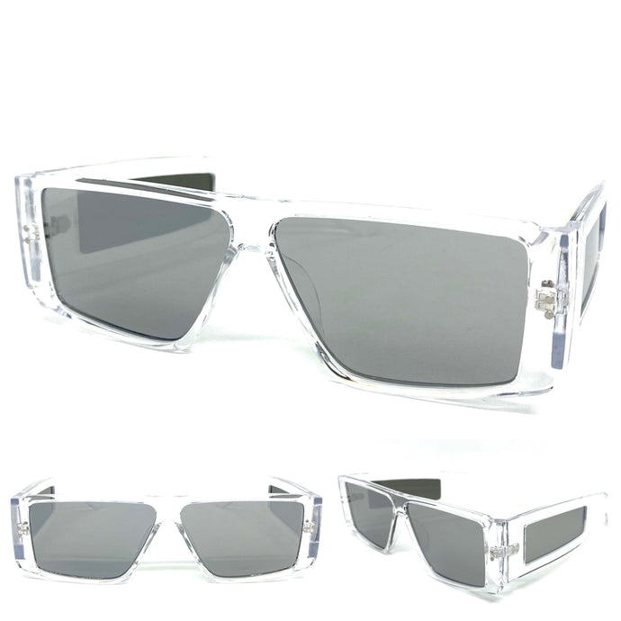 Futuristic Modern Retro Style SUNGLASSES Rectangular Transparent Frame Silver Lens 6745