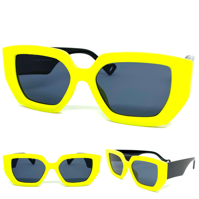 Ladies Classic Vintage Retro Style SUNGLASSES Yellow & Black Frame Dark Lens 7985