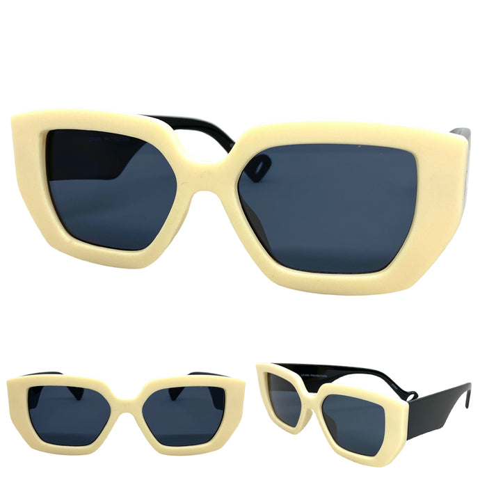 Ladies Classic Vintage Retro Style SUNGLASSES Cream & Black Frame Dark Lens 7985
