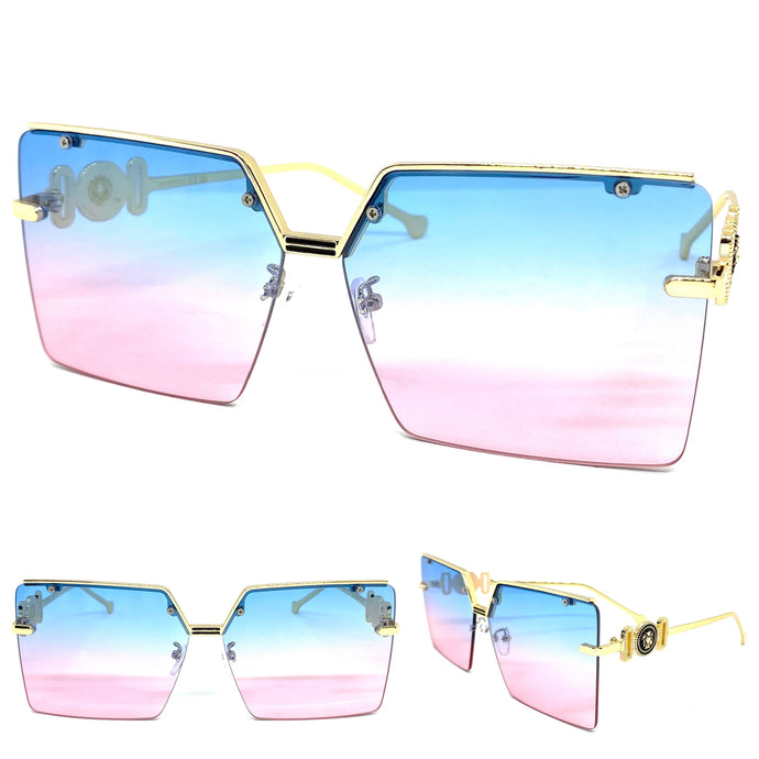 Ladies Classy Oversized Vintage Retro Style SUNGLASSES Gold Frame Bue & Pink Lens 7834