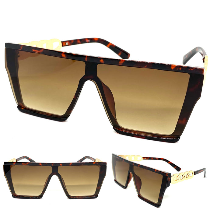 Ladies Contemporary Modern Shield Style SUNGLASSES Large Tortoise & Gold Frame 5190