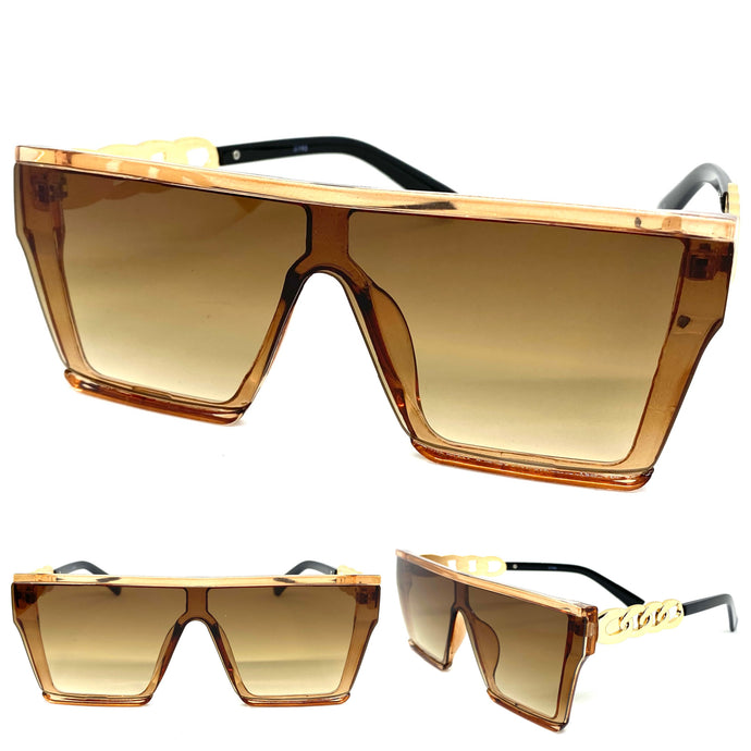 Ladies Contemporary Modern Shield Style SUNGLASSES Large Brown & Gold Frame 5190