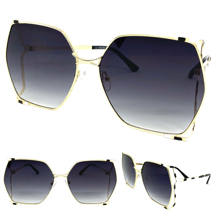 Ladies Oversized Vintage Retro Style SUNGLASSES Huge Gold Frame 27406