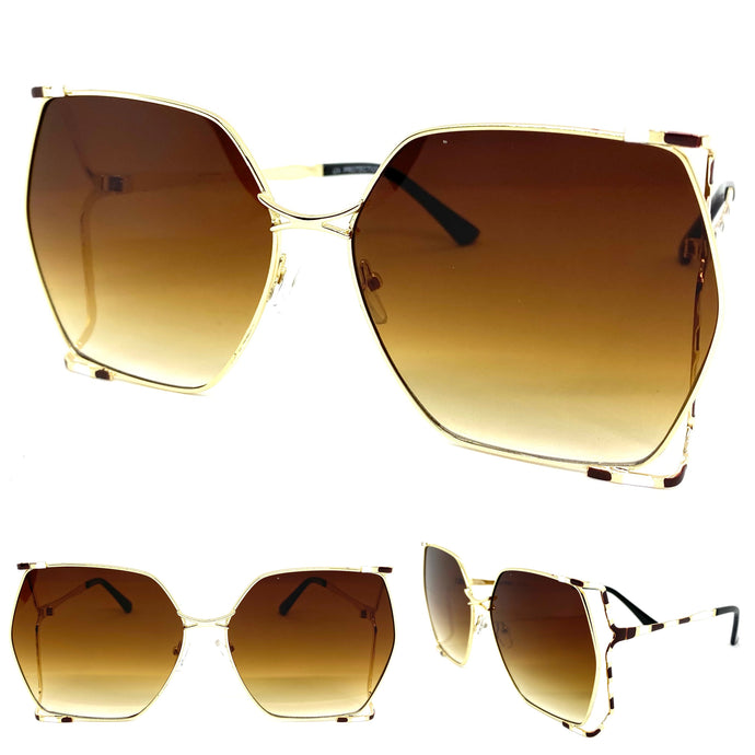 Ladies Oversized Vintage Retro Style SUNGLASSES Huge Gold Frame Honey Lens 27406