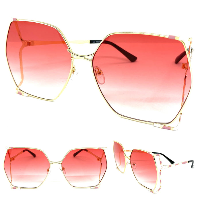 Ladies Oversized Vintage Retro Style SUNGLASSES Huge Gold Frame Pink Lens 27406