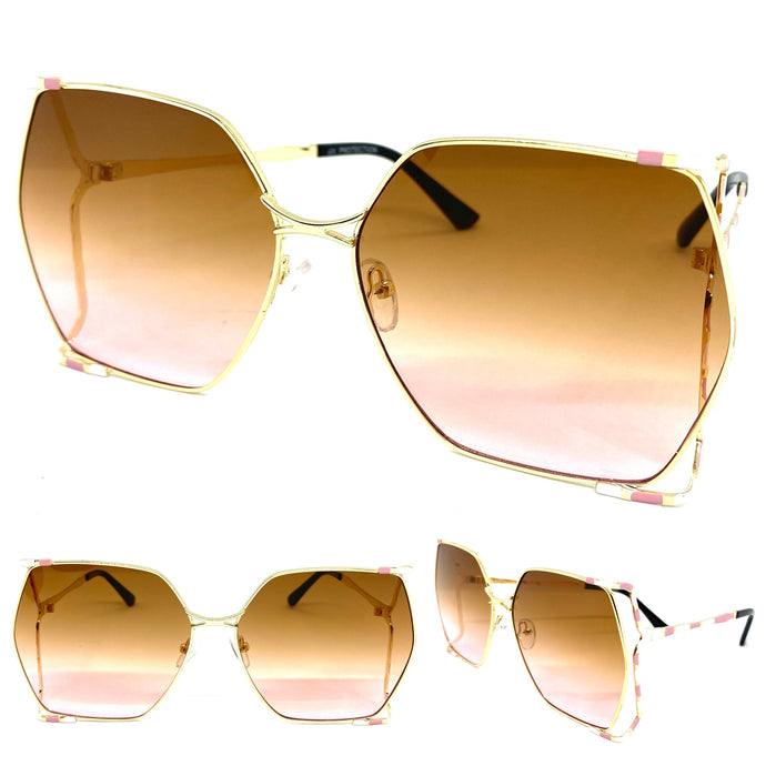 Ladies Oversized Vintage Retro Style SUNGLASSES Huge Gold Frame 27406