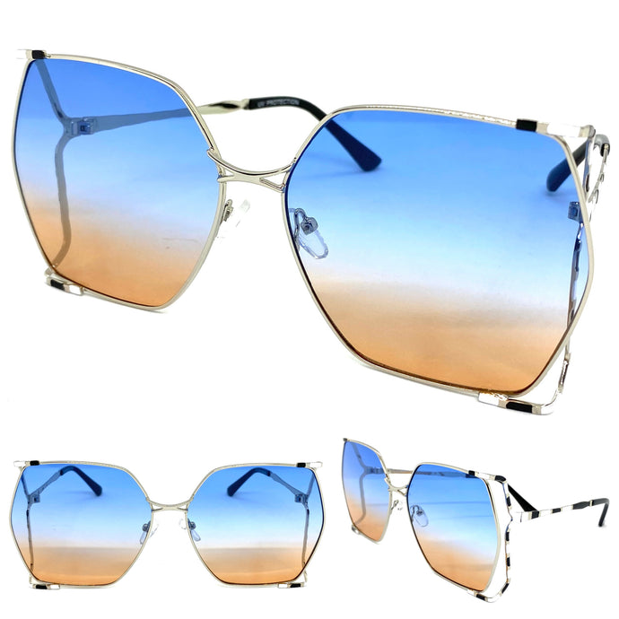 Ladies Oversized Vintage Retro Style SUNGLASSES Huge Silver Frame 27406