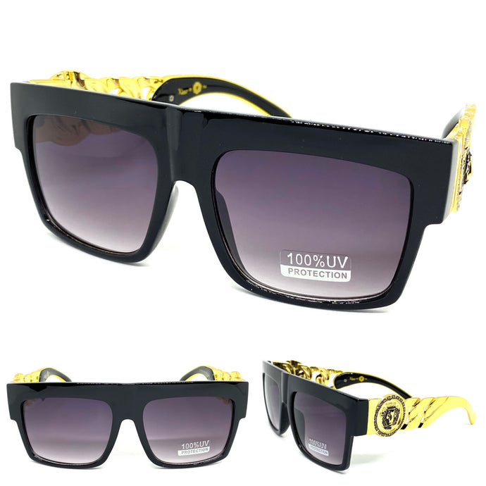 Oversized Retro Hardcore Hip Hop Style SUNGLASSES Black Frame with Gold Chain Link Temples 5345