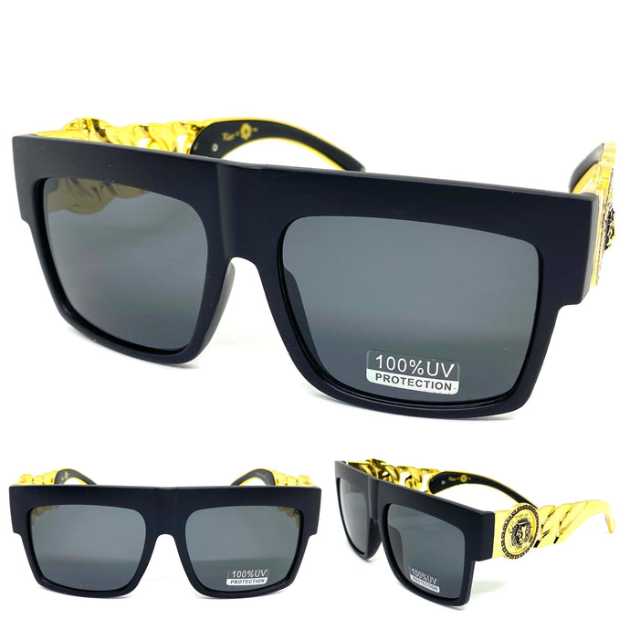 Oversized Retro Hardcore Hip Hop Style SUNGLASSES Matte Black Frame with Gold Chain Link Temples 5345