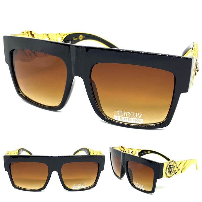 Oversized Retro Hardcore Hip Hop Style SUNGLASSES Black Frame with Gold Chain Link Temples 5345