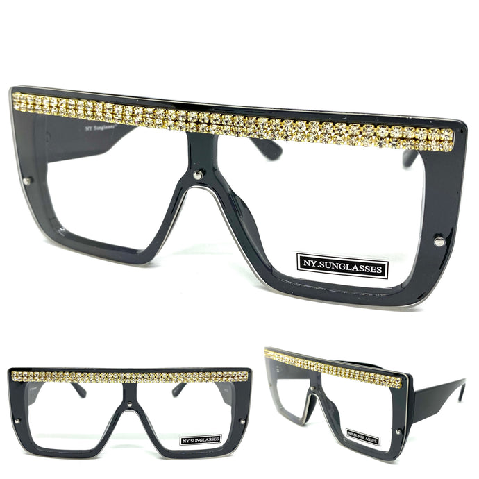 Women's Oversized Modern Retro Shield Style Clear Lens EYEGLASSES Large Black Frame 2642