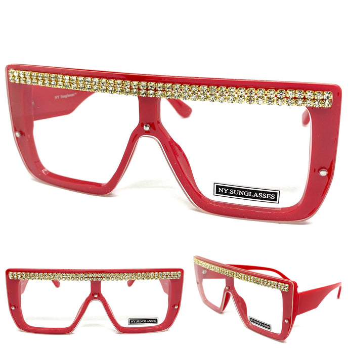 Women's Oversized Modern Retro Shield Style Clear Lens EYEGLASSES Large Red Frame 2642