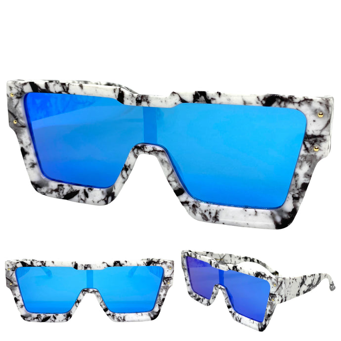 Oversized Luxury Modern Retro Shield Style SUNGLASSES Large Marble Frame 80165