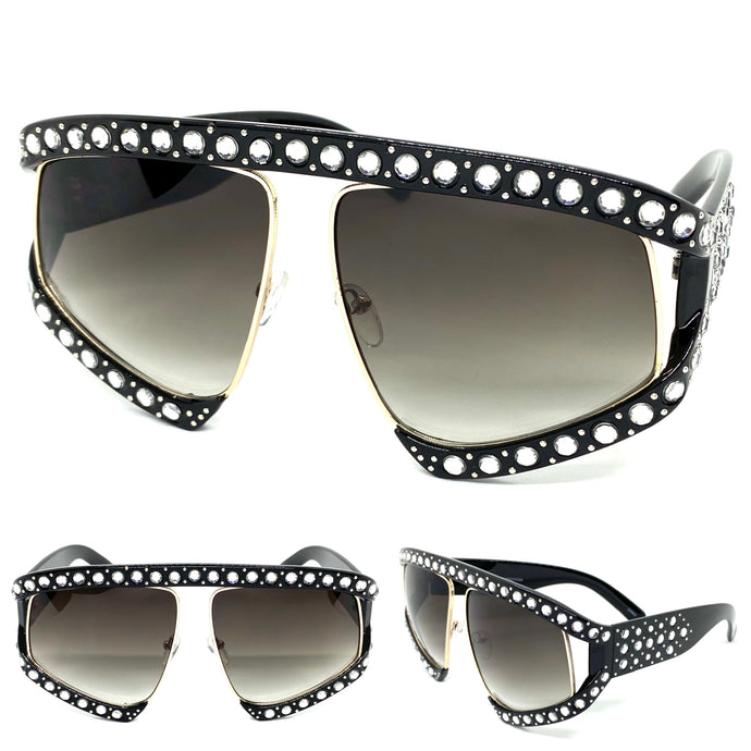 Women's Oversized Vintage Retro Style SUNGLASSES Large Bling Black Frame 7514