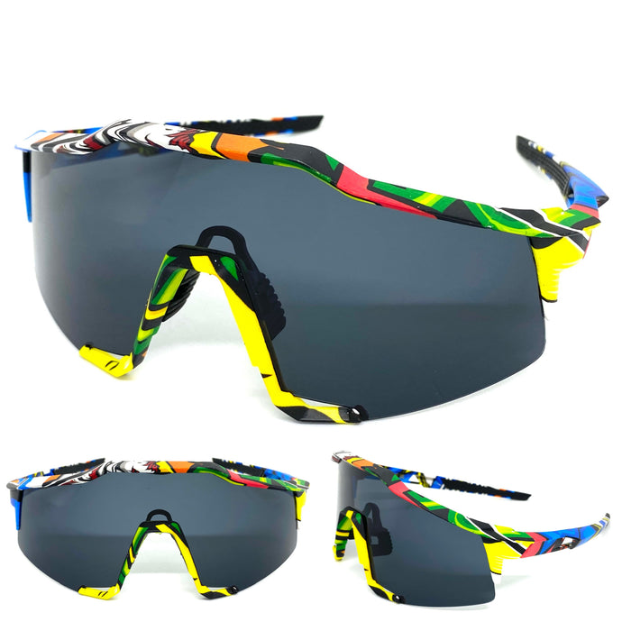 Oversized Retro Sporty Wrap Around Style SUNGLASSES Large Graffiti Frame BP0156