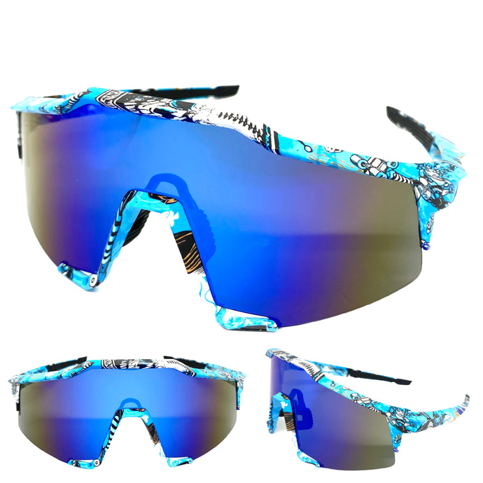 Oversized Retro Sporty Wrap Around Style SUNGLASSES Large Graffiti Frame BP0156