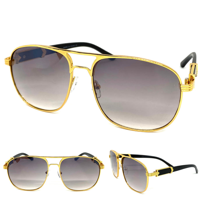 Men's Classy Elegant Luxury Retro Hip Hop Aviator Style SUNGLASSES Gold & Faux Wooden Frame E0853