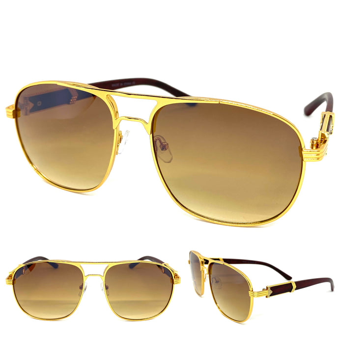 Men's Classy Elegant Luxury Retro Hip Hop Aviator Style SUNGLASSES Gold & Faux Wooden Frame E0853