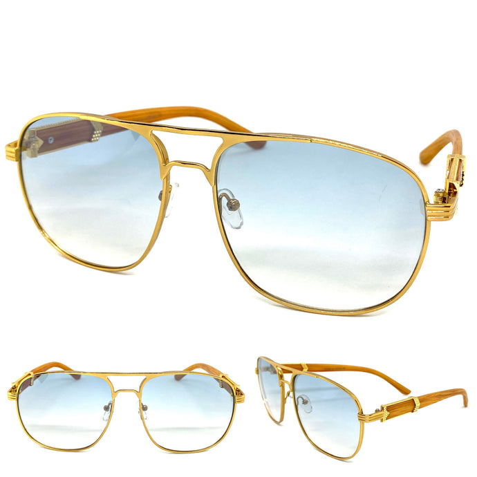 Men's Classy Elegant Luxury Retro Hip Hop Aviator Style SUNGLASSES Gold & Faux Wooden Frame E0853
