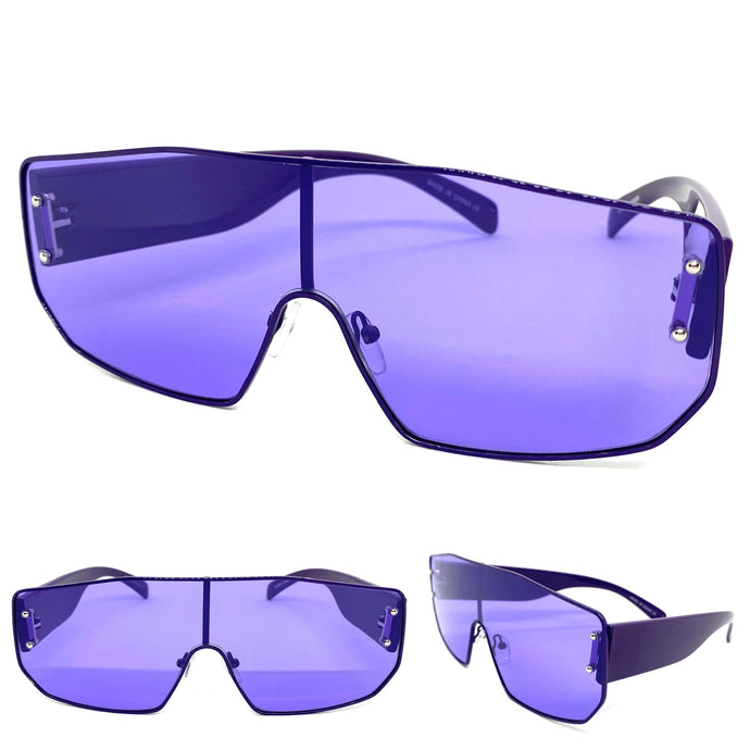 Women's Oversized Retro Shield Style SUNGLASSES Large Purple Frame & Lens E0605