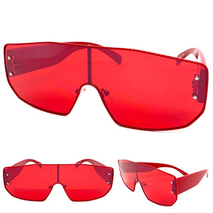 Women's Oversized Retro Shield Style SUNGLASSES Large Red Frame & Lens E0605