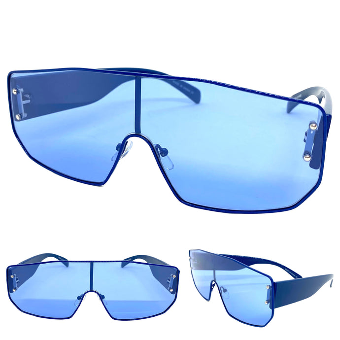 Women's Oversized Retro Shield Style SUNGLASSES Large Blue Frame & Lens E0605