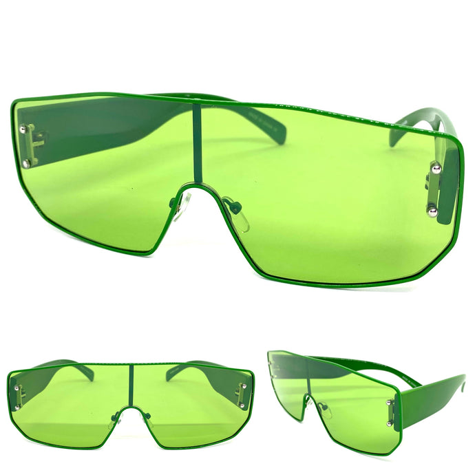 Women's Oversized Retro Shield Style SUNGLASSES Large Green Frame & Lens E0605
