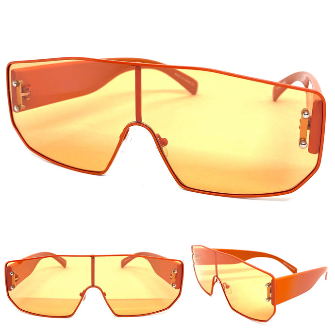 Women's Oversized Retro Shield Style SUNGLASSES Large Orange Frame & Lens E0605