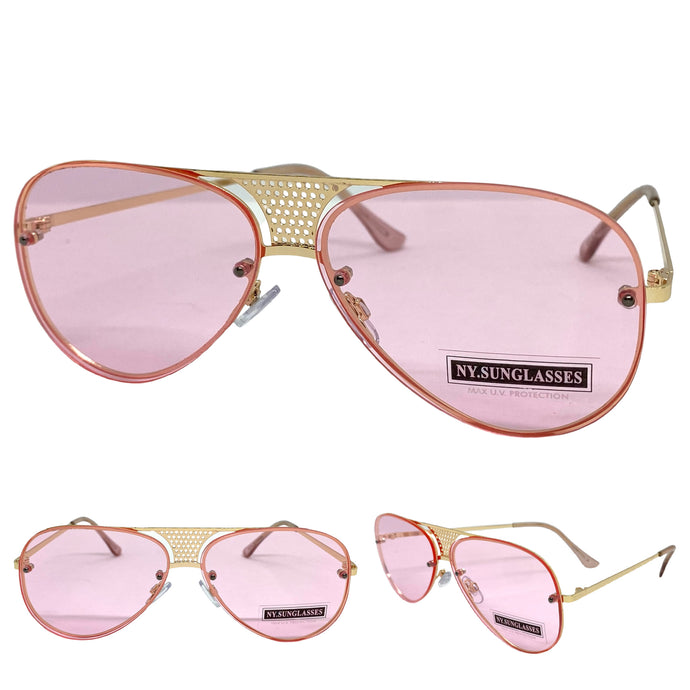 Classy Elegant Retro Style SUNGLASSES Gold Frame - Pink Lens 7498