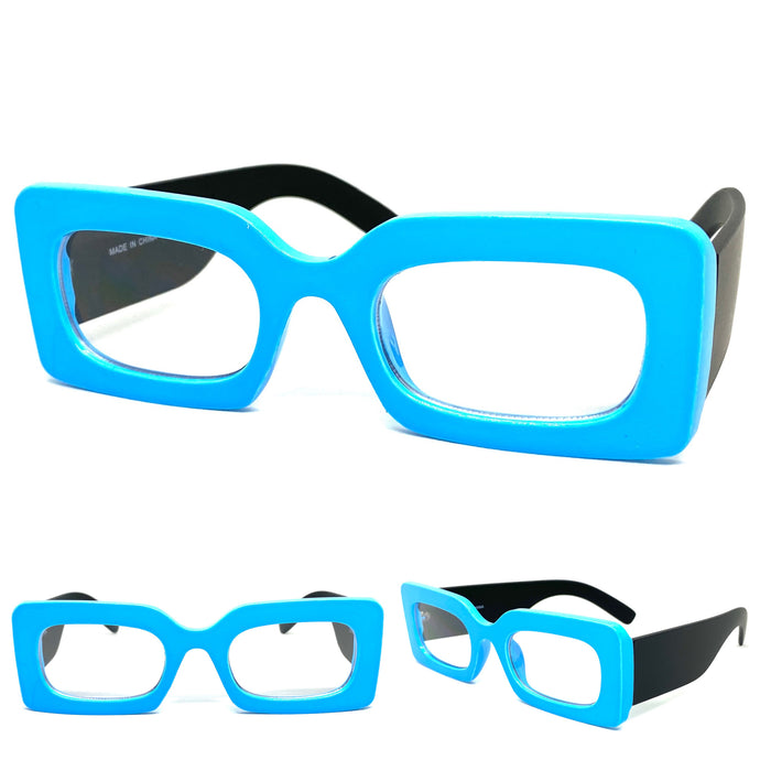Classic Vintage RETRO Style Clear Lens EYE GLASSES Rectangular Thick Baby Blue & Black Optical Frame - RX Capable 81041
