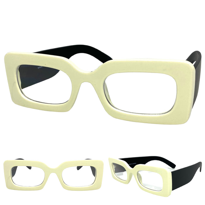 Classic Vintage RETRO Style Clear Lens EYE GLASSES Rectangular Thick Cream & Black Optical Frame - RX Capable 81041