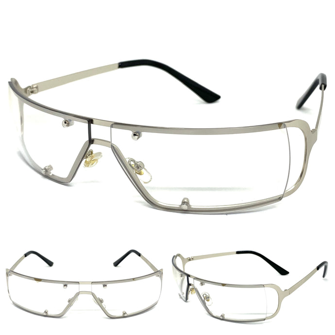 Contemporary Modern Wrap Style Clear Lens with Slight Tint SUNGLASSES Silver Frame