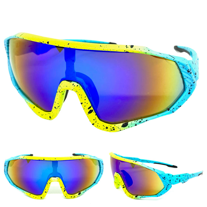 Oversized Retro Sporty Wrap Around Style SUNGLASSES Large Baby Blue & Neon Yellow Frame 5311